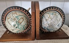 Vintage Pair Of Globe Book Ends Wooden Rotating