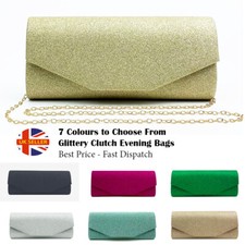 Women's Glitter Clutch Bag Chain Diamante Evening Prom Bridal Wedding Handbag UK