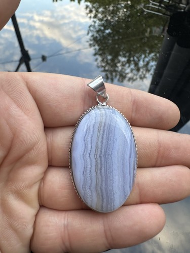 Large blue lace agate pendant - agate,