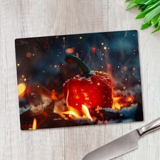 Red Hot Pepper in Flames Glass Chopping Board Large Kitchen Worktop Saver