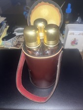 Vintage Three Glass Flasks in Brown Leather Case with Chrome Stirrup Cup Tops