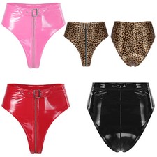 Women's Wet Look Briefs High Waisted Booty Shorts Zipper Crotch Panties Knickers