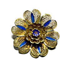 Antique 800 Silver Gold Plated Tier Brooch Flower Filigree Partially Enameled Plotted