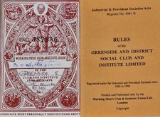 Greenside & District Working Mens Club Rule Book & Membership Card