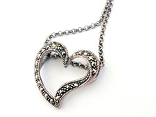 925 Sterling Silver floating Heart Pendant & Chain necklace with marcasites