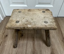 Small Vintage Rustic Wooden Stool – Charming Farmhouse Reclaimed Decor