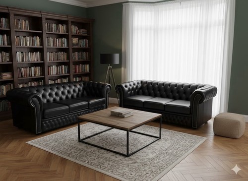 Black leather chesterfield - leather,