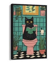 CUTE BLACK CAT READING ON TOILET PLANTS FLOAT EFFECT FRAME CANVAS ART PIC PRINT