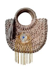 Evil Eye Straw Bag with Draw String Liner Stylish and Practical Shoulder Strap