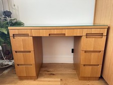 Oak Double Desk With Leather And Glass Top And Drawers