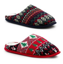Mens Winter Slippers Faux Fur Lined Backless Mules Knitted Fair Isle House Shoes