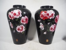 Beautiful Pair of Very Large Reverse Hand Painted Roses Black GLASS Vases 38cm
