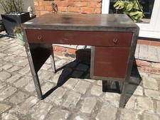 Vintage Industrial Military Metal Desk Stripped Bare Metal Brown/red Draw