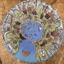 Whimsical Seaside Coastal Town Village Studio Pottery Bowl Signed R 03  31cm