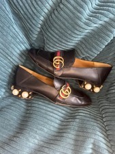 Black Gucci Peyton Shoes Womens Eu38 UK5 Leather Loafer Pearl Embellish Mid Heel