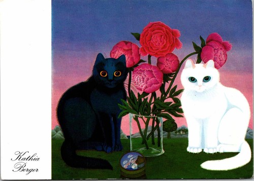 Black cat white - black, peonies