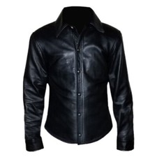 Mens Real Sheep Soft Leather Shirt Full Sleeve Button Up Black Shirt Hot BLUF