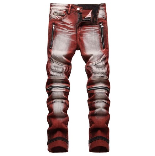 Men wine red denim zipper - red,