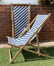 1980s Vintage Folding Wooden Garden Deck Chair Garden Sun Lounger Striped Cotton
