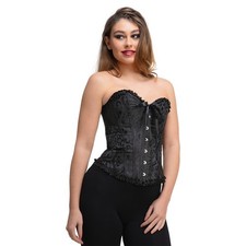 Ladies Deluxe Black Embossed Satin Corset Gothic Burlesque Basque XS-XL