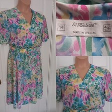 St Michael Dress Vintage UK 14 Pastel Floral Pattern Short Sleeve Midi Belt