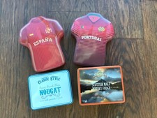 4 old sweet, biscuit, nut tins. 2 are football related