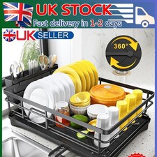 Dish Drainer Rack Kitchen Sink Drying Rack Bowl Plate Holder W/360°Drip Tray