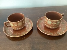 Vintage Creek Border Redware No 236511 2 Cups And Saucers