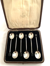 Vintage Cased Set Solid Silver Coffee Bean Spoons Sheffield 1954