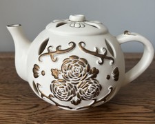 PartyLite Bisque Ivory Gold Floral Roses Teapot Tea Light Lamp Shade VGC