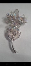  Vintage Crystal Flower Brooch Silver Tone Aurora Borealis Beaded Floral Pin