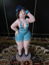 VOLUPTUOUS BATHING BEAUTY FIGURINE ON PHONE IN BLUE SWIM SUIT ON STAND 12 INCHES