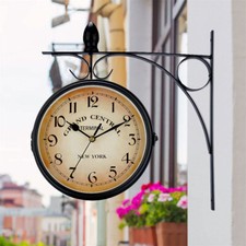 Large Outdoor Garden Station Wall Clock Double Sided Bracket Round Garden Decor