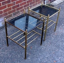 Pair vintage brass bedside tables smoked glass Maison Jansen style side tables