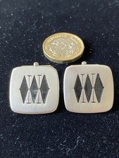 Vintage silver tone cufflinks with black enamel motif - mod - retro