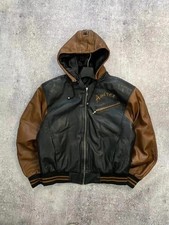 Men's New Avirex Genuine Leather Bomber Jacket Black & Brown Baggy Hooded