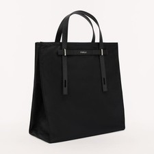 FURLA Nylon Tote Bag Black Leather Handles Authentic, Gusset, Used Excellent