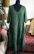 🦋Sinne Green Linen Quirky MIDI Dress Lagenlook Ruffle Hem🦋