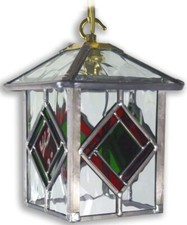 LEADED LANTERN HANGING PENDANT PORCH LIGHT RED & GREEN GLASS HAND MADE TL70PRG