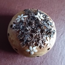 Studio art pottery, rustic brown with white flowers, pot pourri?  Excellent.