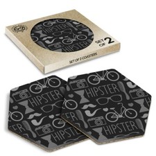 2 x Hexagon Coasters - BW - Hipster Mustache Bike Pattern #36193