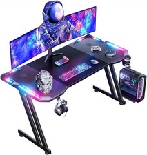 140x60 cm Gaming Desk with LED Light, Computer Table with Headphone Hook PC Desk