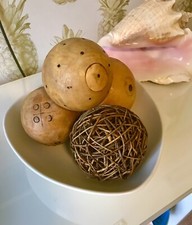 Vintage White Ceramic Bowl With Decorative Balls And Gourds