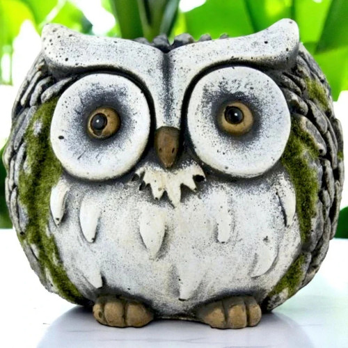 Owl cement planter 15cm white - cement,