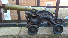 Antique Victorian Ornamental Brass Cannon on Cast Iron 4 Wheel Dragon Base