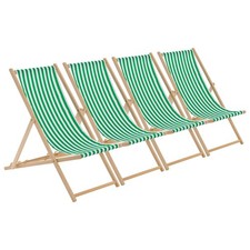 4x Folding Wooden Deck Chairs Adjustable Canvas Beach Lounger Green Stripe
