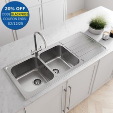 Sinkoro Inset Kitchen Sink 2 Double Square Bowl Stainless Steel Reversible Waste