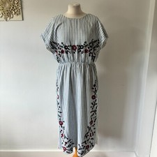 Zara Blue White Striped Midi  Dress Floral Embroidery Elastic Waist Size L 12 14