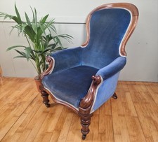 Antique Victorian Blue Spoon Back Mahogany Armchair With Turned Legs