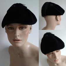 Vintage Black Velvet Cocktail Hat  1950s Mitzi  Lorenz Beaded Ostrich Feathers
